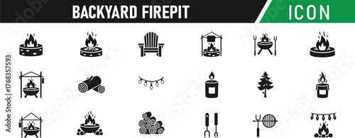Backyard firepit outdoor features glyph icon set. Including Firepit, Bench, Chair, Logs, Flame, Marshmallow, Grill, Spark, Stone Ring, Firewood. Vector silhouette illustration