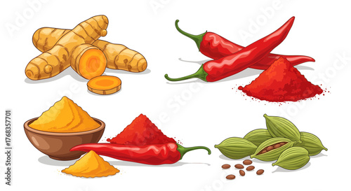 A vibrant collection of aromatic Indian spices, showcasing golden turmeric, fiery red chili, and fragrant green cardamom pods, essential for flavorful cooking and traditional cuisine