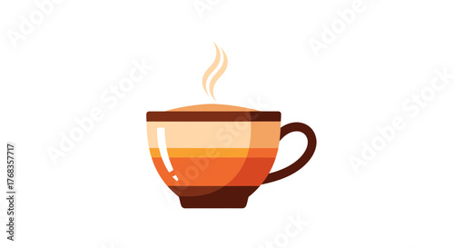 Stylized graphic icon of a steaming hot layered beverage in a ceramic cup, a vibrant flat vector illustration on a clean white background, perfect for digital designs
