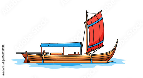 Traditional Indonesian Outrigger Fishing Boat Illustration with Red Sail, Flat Vector Style on White Background, Perfect for Travel and Culture Designs