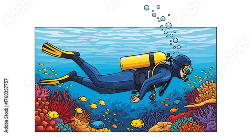 Dynamic illustration of a scuba diver exploring a vivid underwater world, rich with diverse marine flora and fauna, showcasing a vibrant aquatic ecosystem