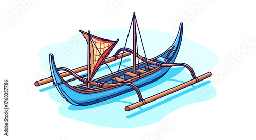 Minimal vector line illustration of a traditional outrigger boat with a distinctive sail, an iconic Southeast Asian wooden vessel, perfect for travel, ocean, and cultural themes