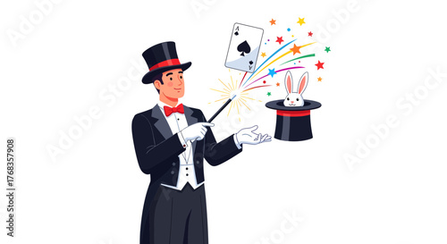 Charming Magician in Classic Tuxedo Performing Dazzling Magic Trick, Featuring a Surprise Rabbit from a Top Hat and Floating Playing Card, for a Whimsical Entertainment Show