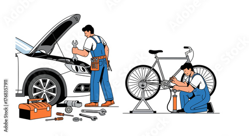 Expert mechanics provide essential repair and maintenance for cars and bicycles, utilizing specialized tools and skills to ensure functionality and reliable operation