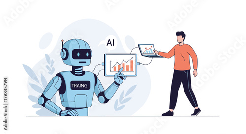 Artificial Intelligence Robot Undergoing Training and Data Analysis, Collaborating with a Human for Machine Learning Optimization and Technological Advancement