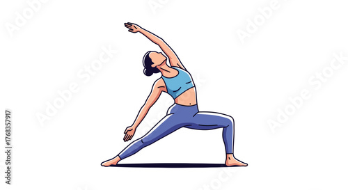 Dynamic illustration of a woman gracefully performing a Reverse Warrior yoga pose, symbolizing strength, flexibility, and a commitment to overall wellness and mindful fitness