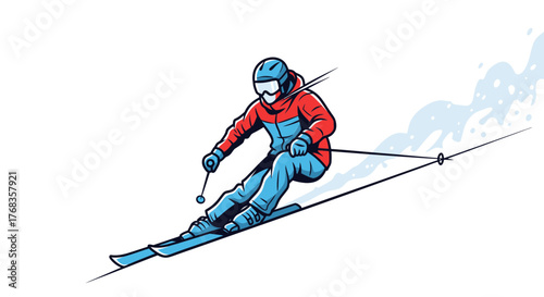 Exhilarating illustration of a skilled skier gracefully whisking down a pristine snowy mountain, capturing the thrill of speed and agility in a dynamic winter sport scene