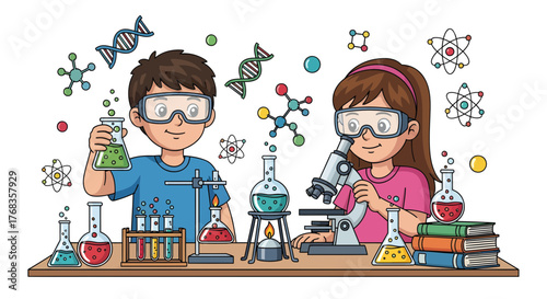Children conducting science experiments in a laboratory. Boy and girl use microscopes, beakers, test tubes, surrounded by chemistry and biology symbols, promoting STEM