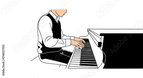 Clean line art illustration of a person playing a classical piano, conveying the elegant artistry and dedicated practice of a musician's performance in a minimalist style