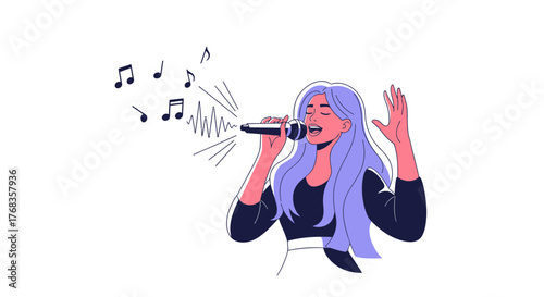 Flat Vector Illustration of a Woman Singing into a Microphone, Highlighting Vocal Talent and Musical Performance with Expressive Line Art and Modern Design