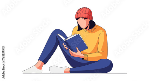 Flat vector illustration of a person in a beanie immersed in a book, embodying leisure, learning, and quiet contemplation
