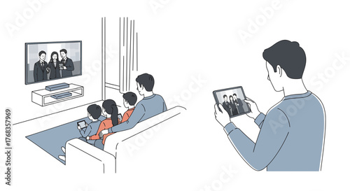 Modern Family Entertainment Blending Shared Television Moments with Individual Tablet Viewing Experiences at Home