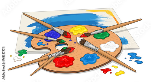 Vibrant illustration of an artist's palette displaying an array of colorful paints, brushes, and a canvas, representing artistic creativity and the joy of painting