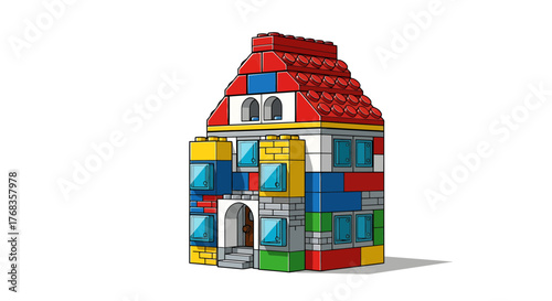 Vibrant and playful house illustration built from colorful interlocking construction blocks, symbolizing creativity, childhood imagination, and the joy of home building and design