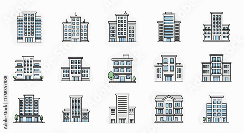 Modern Minimalist Architectural Building Icon Set, featuring diverse Urban City Structures, Professional Office Buildings, and Residential Designs suitable for Digital Projects