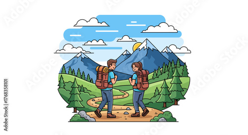 A vibrant illustration of an adventurous couple enjoying a scenic mountain hike, exploring breathtaking natural landscapes under a clear sky