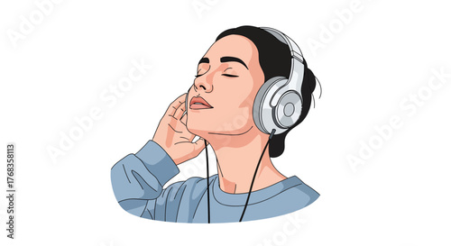 Serene Young Woman Immersed in Music with Headphones, Eyes Closed in Peaceful Enjoyment – A Modern Vector Illustration