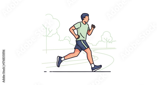 Dynamic illustration of a man enjoying a refreshing jog in the park, promoting fitness, outdoor activity, and a healthy active lifestyle