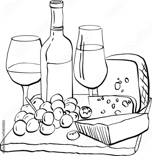 A plate with wine, fruit, and cheese