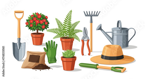 Essential gardening setup featuring various tools, blooming flowers, and lush green plants, perfectly arranged for spring planting and home garden projects