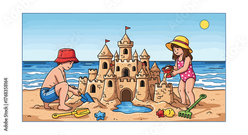 Two cheerful children enjoying a bright summer day building an impressive sandcastle on a sandy beach by the clear blue sea
