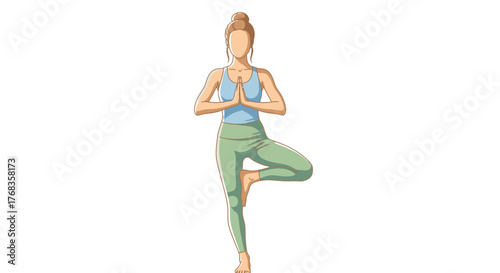 Vector illustration of a calm woman achieving mental and physical balance in a mindful yoga Tree Pose, promoting wellness and harmonious living and self-care practices