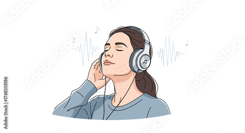 Serene woman finding solace and joy in immersive music experience with headphones, embracing a tranquil audio journey for personal relaxation and inner peace