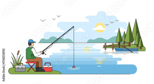 A tranquil flat design illustration of a man enjoying a peaceful day of fishing by a serene lake, surrounded by nature and calm waters, perfect for relaxation and outdoor recreation