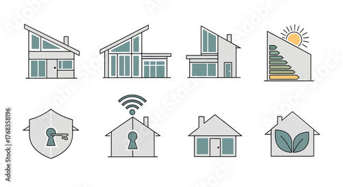 Set of modern house and smart home vector icons in clean line art style, illustrating residential architecture, energy efficiency, security, and smart living concepts