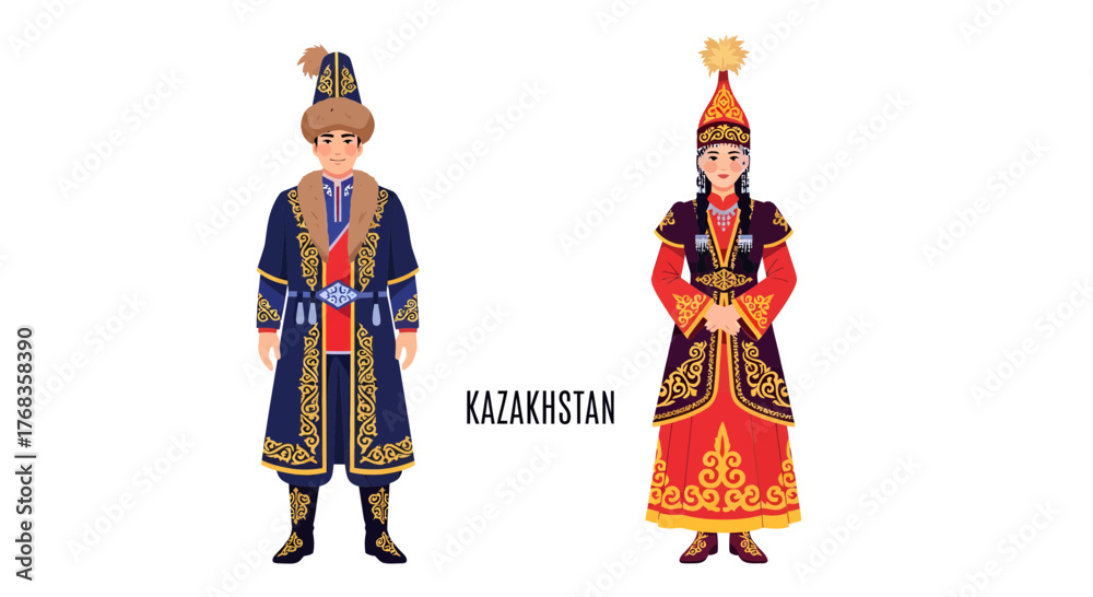 Obraz premium Vector illustration of traditional Kazakh clothing for man and woman, showcasing cultural heritage, on a white background