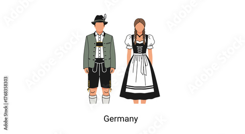 Flat vector illustration of traditional German costumes, featuring a man and woman in authentic Bavarian attire, isolated on a white background with 'Germany' displayed