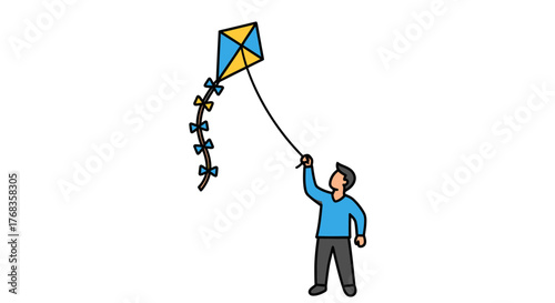 Vibrant line art illustration depicting a person joyfully flying a colorful kite against a pristine white background, symbolizing freedom, childhood leisure, and the simple pleasures of outdoor play