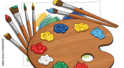 Artist's palette with vibrant paint blobs and a collection of various size paintbrushes, perfect for unleashing creativity and artistic expression for hobbyists