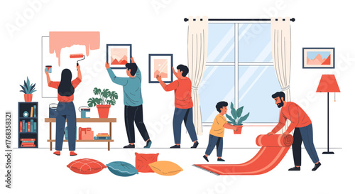 A happy family works together to renovate and decorate their living room, painting walls, hanging pictures, and arranging furniture to create a fresh, cozy home interior