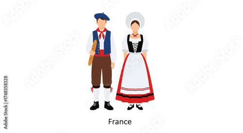 Vibrant flat vector illustration depicting a man and woman in traditional French folk costumes, showcasing the rich cultural heritage and classic national attire
