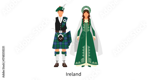 Flat vector illustration of traditional Irish costumes, featuring a man in a kilt and a woman in a green folk dress, celebrating the distinct cultural heritage of Ireland
