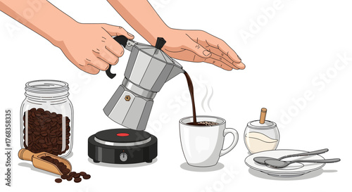 A detailed illustration capturing the art of coffee preparation, featuring hands pouring rich coffee from a traditional moka pot into a cup, alongside fresh beans and brewing equipment