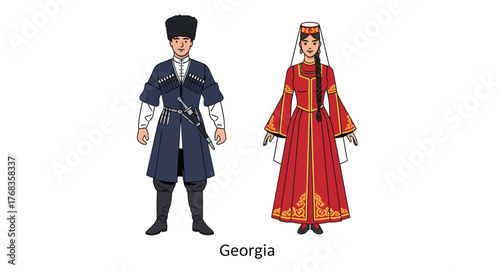 Flat vector illustration depicting a man and woman in traditional Georgian attire, showcasing the rich cultural heritage and historical garments of the Caucasus region