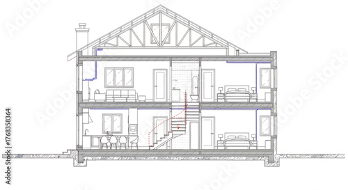 Detailed vector architectural cross-section of a modern two-story house, highlighting interior layout, structural elements, and visible utility systems for building design