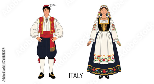Traditional Italian couple in folk costume illustration