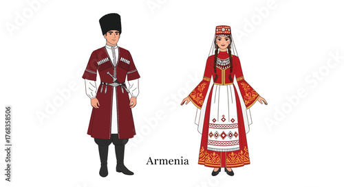 Flat vector illustration showcasing traditional Armenian national costumes for both male and female figures, elegantly depicting their rich cultural heritage on a clean white background
