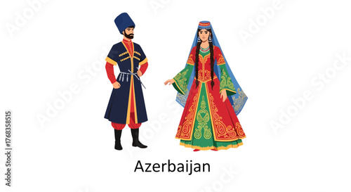 Flat vector illustration of a couple in traditional Azerbaijani national costumes, male and female figures showcasing cultural heritage on a clean white background