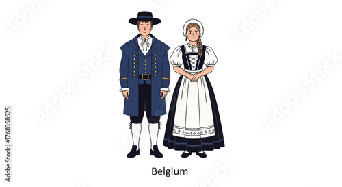 Flat vector illustration of a traditional Belgian couple, showcasing the distinctive folk costumes of Belgium with a man and a woman in authentic attire