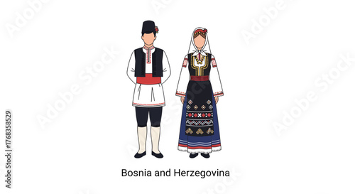 Flat vector illustration of traditional costumes from Bosnia and Herzegovina, featuring a male and female figure in their authentic national dress