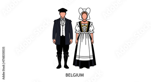 Flat vector illustration of a traditional Belgian couple in national costume, showcasing male and female figures wearing authentic folk attire and historical clothing, on a pristine white background