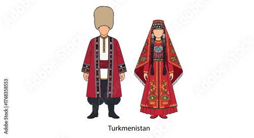 Traditional Turkmen couple in national dress, vector illustration, cultural attire, man and woman, Central Asia