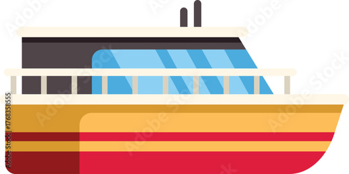 This colorful pleasure boat is sailing on water surface, isolated on white background