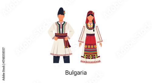 Flat vector illustration of a Bulgarian couple wearing traditional national costumes. Male and female figures showcasing authentic folk outfits, perfect for cultural themes and travel designs