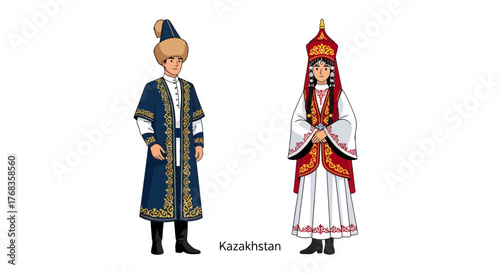 Flat vector illustration of a male and female pair in traditional Kazakh national costumes, showcasing the cultural heritage and authentic attire of Kazakhstan on a white background