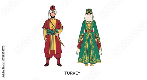Flat vector illustration of traditional Turkish costumes, man and woman, national outfit, cultural heritage, folk dress